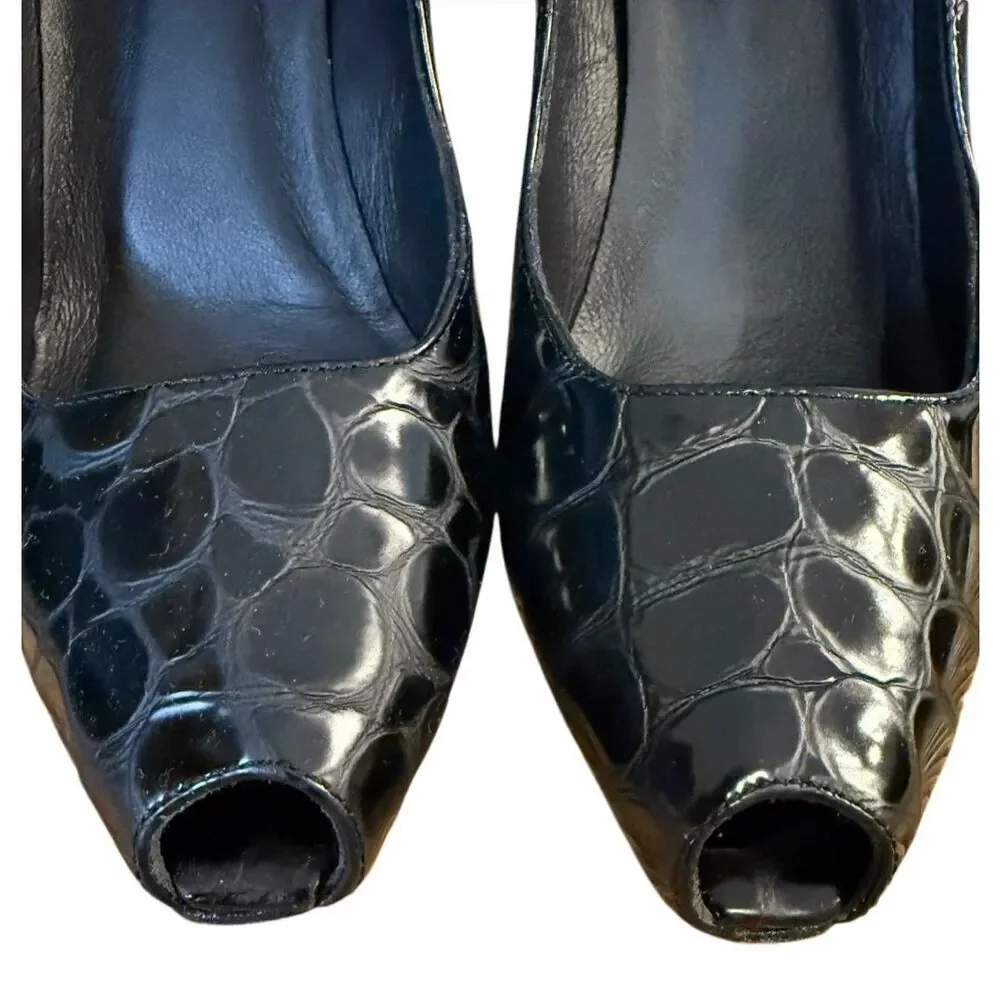Donald J. Pliner Patent Croc Gator Heel Peep Toe Sz. 7 Classic Italy